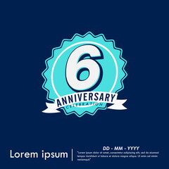6th years anniversary celebration emblem. congratulation anniversary blue medal logo isolated with ribbon on blue background. vector illustration template design for web banner