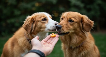 Dogs receiving treats outdoors