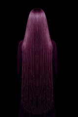 Standing in front of a black background is a woman whose hair is both long and purple