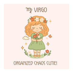 Virgo zodiac sign poster, cute floral girl character