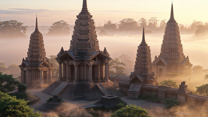 Fototapeta premium Majestic ancient temples emerging from mist during golden hour in a serene landscape