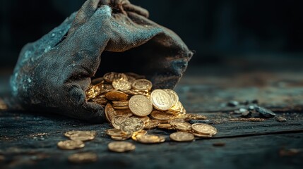 An overflowing bag of golden coins on a rustic wooden surface suggests themes of wealth, fortune, and the allure of treasure within a timeless setting.