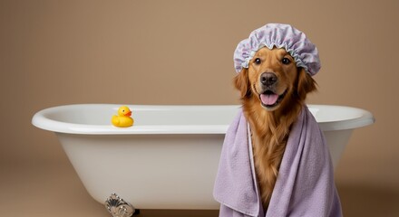 An adorable wet dog enjoying a gentle bath — a perfect blend of care, comfort, and cleanliness. Ideal for promoting pet grooming services or relaxing pet-friendly spa moments.