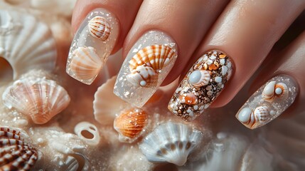 Nails  adorned with tiny seashells and ocean-inspired