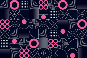 A modern geometric pattern in navy, white, and pink, featuring circles, arcs, dots, leaves, and minimalist lines arranged in a clean, abstract, symmetrical layout.