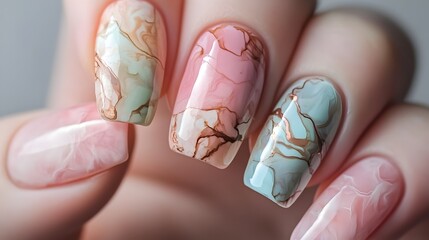 Nails featuring a beautiful marble effect in soft col
