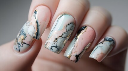 Nails featuring a beautiful marble effect in soft col