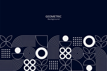 A modern geometric pattern in navy and white, featuring minimalist lines, circles, and dot elements, arranged with copy space, ideal for creative design layouts.