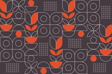 A modern geometric pattern in brown, white, and orange, featuring circles, arcs, dots, leaves, and minimalist lines arranged in a clean, abstract, symmetrical layout.