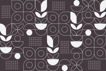 A modern geometric pattern in brown and white, featuring circles, arcs, dots, leaves, and minimalist lines arranged in a clean, abstract, symmetrical layout.