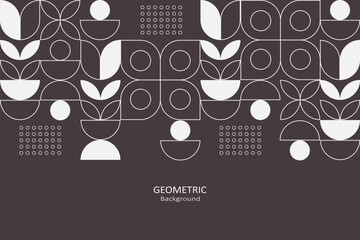A modern geometric pattern in brown and white, featuring minimalist lines, circles, and floral elements, arranged with copy space, ideal for creative design layouts.