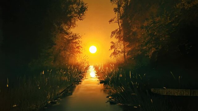 Golden sunset over a tranquil waterway