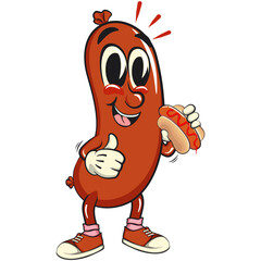 Obraz premium Cheerful sausage cartoon mascot carrying a hotdog while giving a thumbs up, fun meat snack character illustration, isolated high-quality vector perfect for branding and design use, work of hand drawn