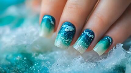 Nails painted in shades of blue and green to represen