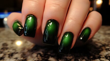 Nails painted in deep forest green with a glossy fini