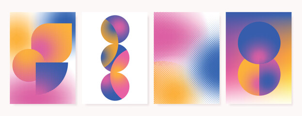 Abstract gradient poster background vector set. Vibrant color cover template with vibrant perspective geometric shape, halftone. Ideal design for social media, cover, flyer, music, ads.