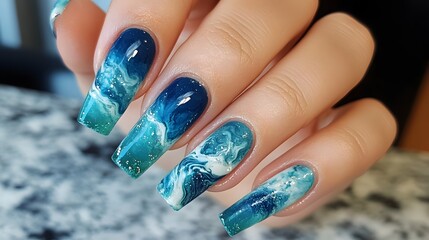 Nails painted in shades of blue and green to represen