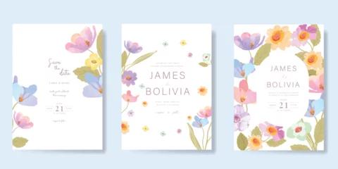 Schilderijen op glas Geschilderde Bloemen Elegant wedding invitation card background vector. Minimal hand painted watercolor botanical flowers texture template background. Design illustration for wedding, vip cover, poster, rsvp modern card.   © babeer