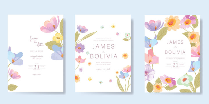 Elegant wedding invitation card background vector. Minimal hand painted watercolor botanical flowers texture template background. Design illustration for wedding, vip cover, poster, rsvp modern card.