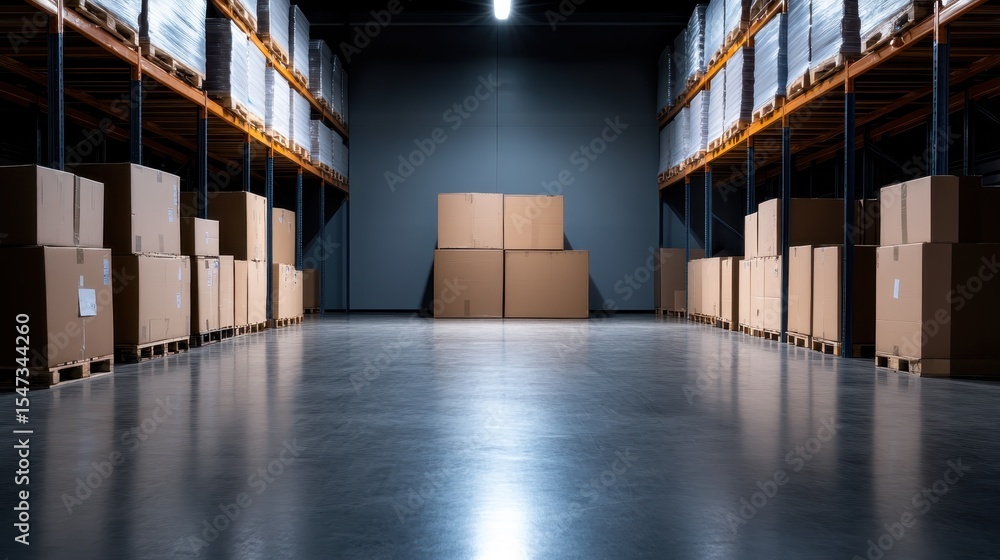 Poster a well-organized warehouse showcasing tall stacks of cardboard boxes lined neatly on pallets, creati