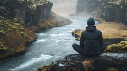 Person in meditation with a scenic river flowing 