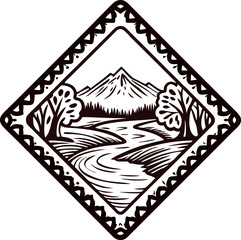 Obraz premium Hand drawn landscape with river trees and mountains in diamond frame vintage engraving