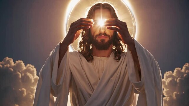 Artistic depiction of Jesus holding a glowing sacred heart surrounded by radiant light and clouds, symbolizing divine love, sacrifice, Christian salvation, sacred heart devotion, and heavenly blessing