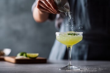 Close-up of a margarita being garnished with salt, highlighting its refreshing lime flavor and elegant presentation.