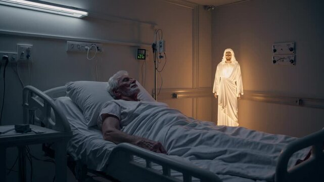 Elderly man lying in hospital bed being visited by glowing spiritual figure of Jesus, symbolizing divine presence at the end of life, spiritual comfort, faith, salvation, afterlife, hope in illness