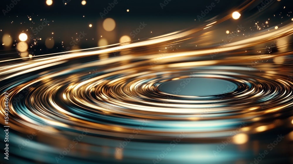 Poster a mesmerizing abstract depiction of golden waves flowing in circular patterns accompanied by shimmer