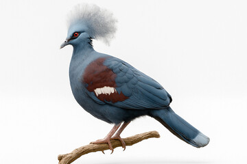 Fototapeta premium Elegant blue crested bird with dark plumage perched on wooden branch against plain background.