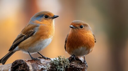 Fototapeta premium Two colorful birds sitting closely on a mossy log, showcasing their beauty and connection, perfect for nature lovers and themes of companionship in wildlife photography.