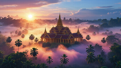 Majestic golden temple surrounded by mist at sunset in a tropical paradise