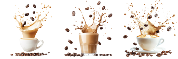 Set of coffee cups with falling coffee beans and splash of coffee isolated on transparent background PNG