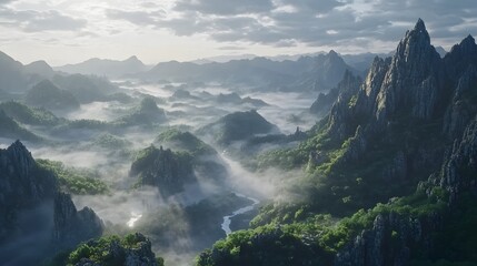 Realistic 3D scene of a mountain range with fog trees