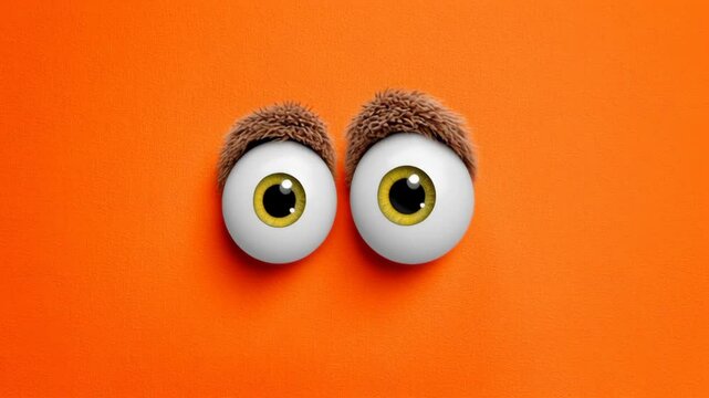 Playful cartoon eyes with fluffy eyebrows on vibrant orange background, showcasing a whimsical and fun character design, perfect for creative projects and children's illustrations