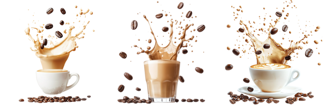 Set of coffee cups with falling coffee beans and splash of coffee isolated on transparent background PNG