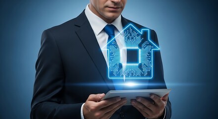 Businessman using tablet, digital house smart home technology concept, futuristic interface, glowing circuit board, modern home automation, innovative technology, real estate, home security, digital