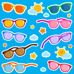 Collection of colorful sunglasses sticker sheet set. Sticker set of sunglasses, different trendy glasses for sun shine protection. Cute sticker sheet, planner and scrapbook. Vector illustration