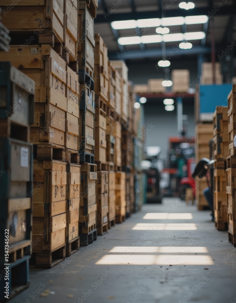 Poster empty transport crates stacked in a factory aisle, showcasing organization