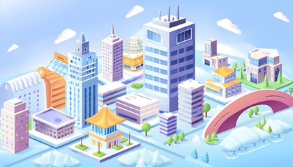 Colorful cityscape with skyline, bridge, greenery, and modern buildings