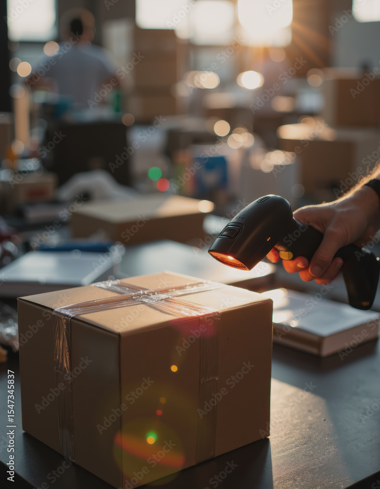 Poster barcode scanner in use on a production table with packages