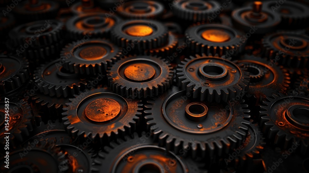Poster a captivating close-up view of interlocking gears displaying an elegant design, showcasing innovatio