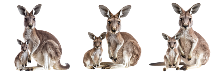 Set of cute kangaroo mothers with baby kangaroos isolated on transparent background PNG