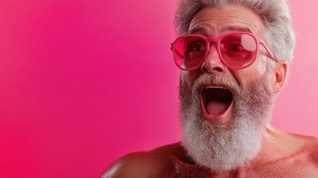 A joyful elderly man displaying exuberance with vibrant pink sunglasses and a cheerful expression, embodying playfulness and the celebration of life regardless of age.