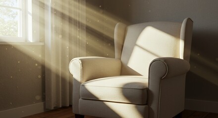 Sunlit Serenity: A Cream Wingback Armchair Basking in Golden Rays