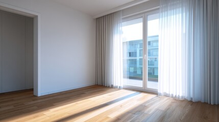 Obraz premium Bright, modern empty room with wooden floor and large windows showcasing an outdoor view