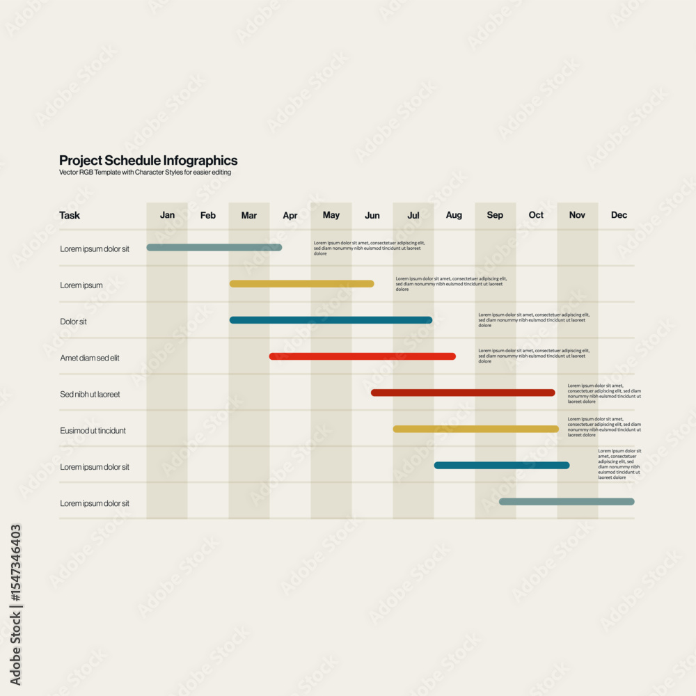 Poster project schedule infographic template with colorful bars. editable eps10 vector calendar and graph