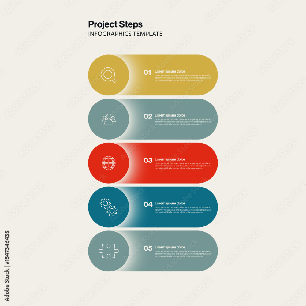 Poster project steps timeline infographic template with 5 vertical menu options. editable eps10 vector illu