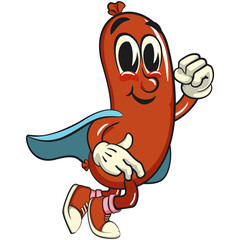 Cheerful sausage cartoon mascot as flying superhero wearing a robe, fun meat snack character illustration, isolated high-quality vector perfect for branding and design use, work of hand drawn
